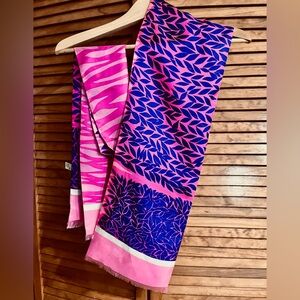 Vibrant Japanese 100% Silk Pink/Blue Scarf 2-sides distinctively different 6’ L